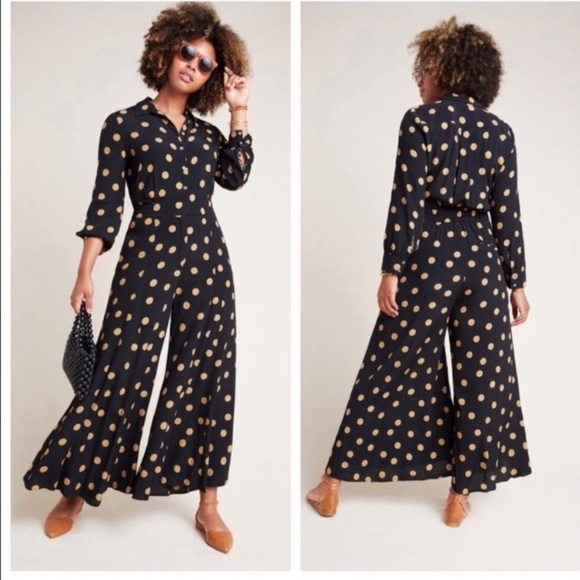 Anthropologie Jumpsuit Loveland Polka Dot Wide Leg Black/Tan Size 14 - Picture 2 of 13